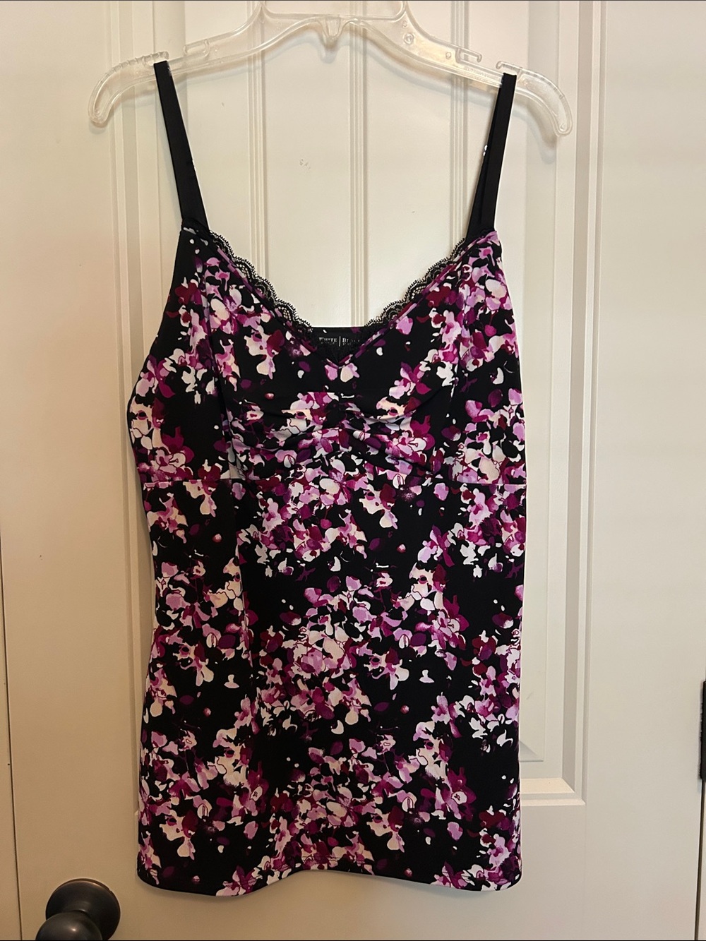 White House Black Market Black Floral Lace-Trim Camisole with Pink Accents